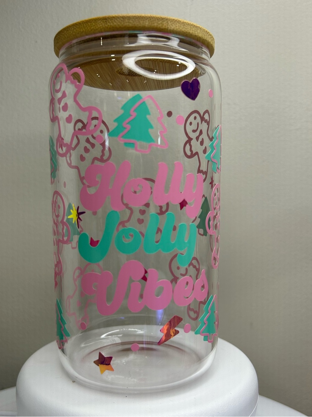 Holly Jolly Vibes Holiday 16oz Glass Tumbler with Bamboo Lid and Glass Straw